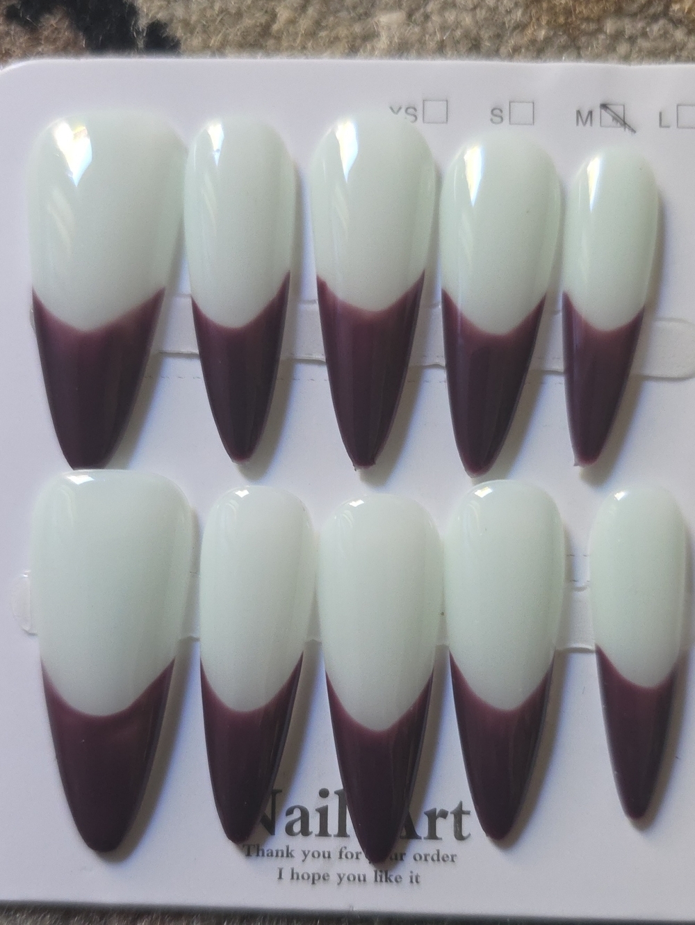Elegant Two-Tone Almond Press-On Nails in White and Deep Plum